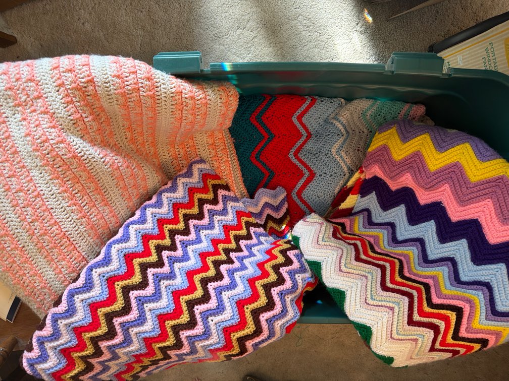 Tote with 5 Afghans-Various Sizes and Colors