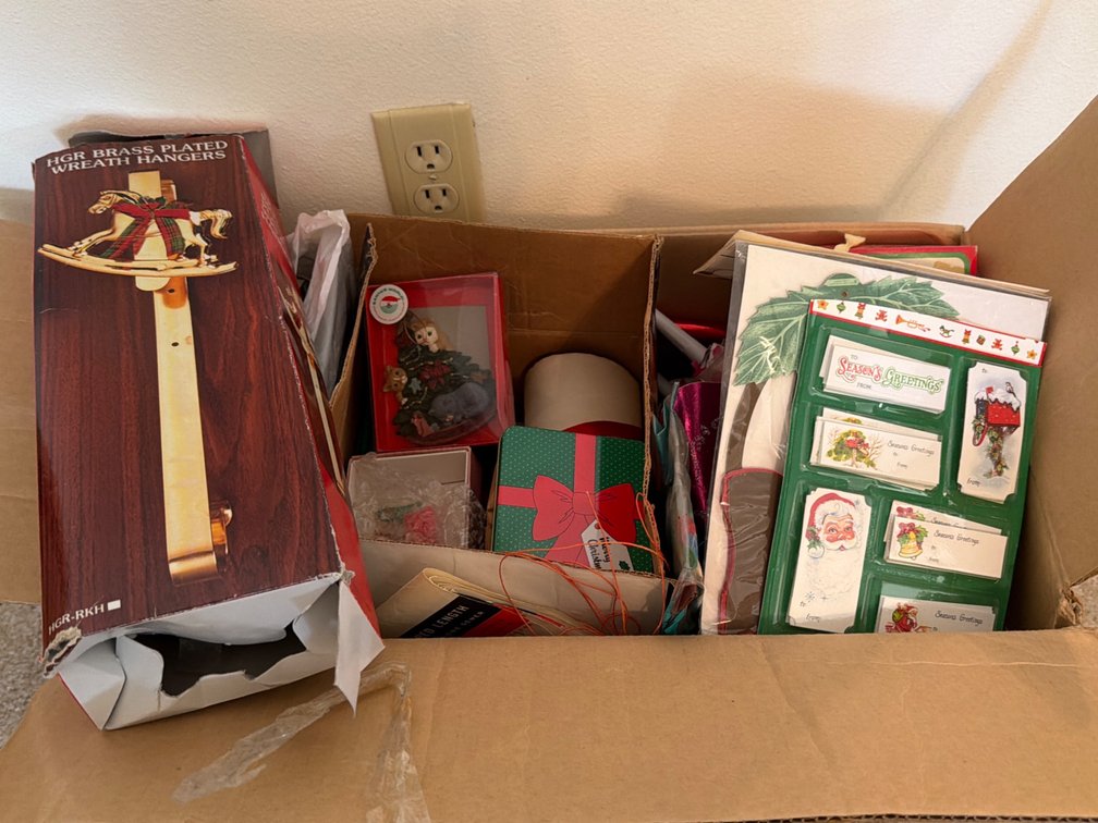 Box of Gift Tags, Ribbon, Ornaments, Box