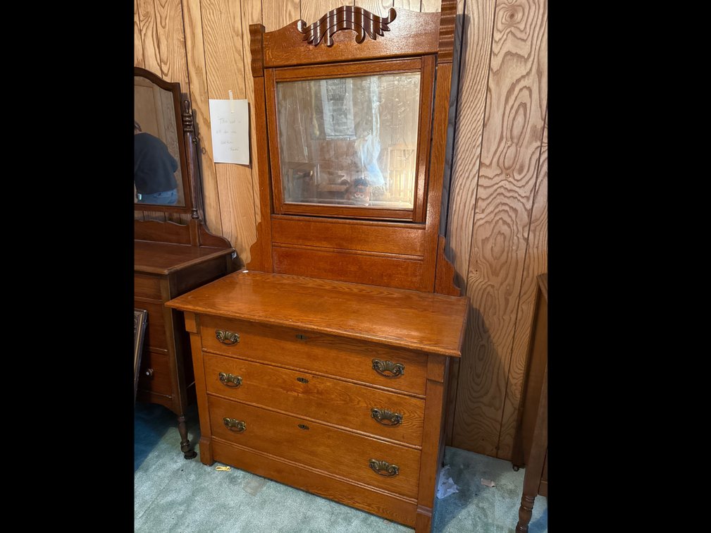 Oak Dresser with Beveled Mirror on Wheels 72” x 43” 20”