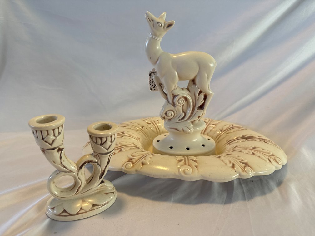 Redwing Pottery with Flower Frog, Candle Holders, and Console Bowl