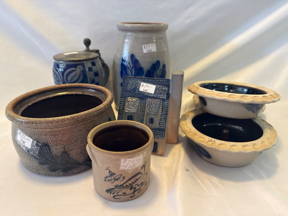 Stoneware Bank, Bowls, Vase, Apple Bakers