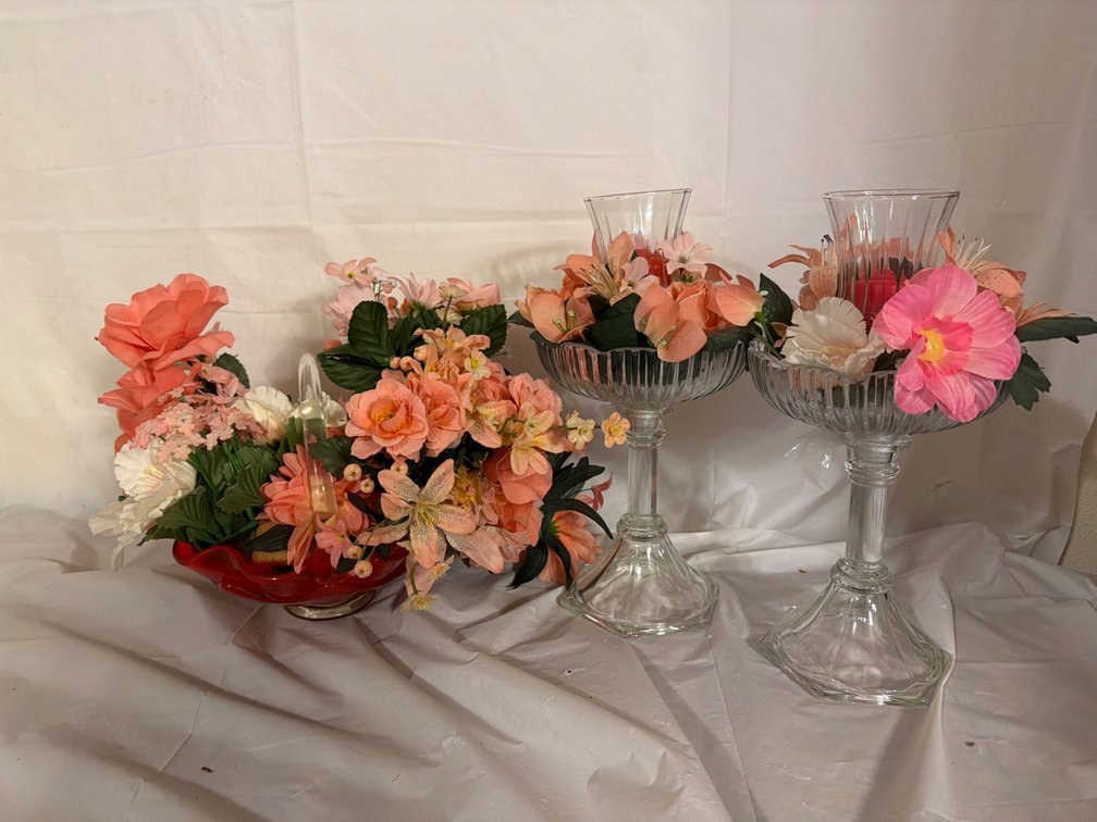 Florals with Glass Votive Holders, And Glass Handled Dish