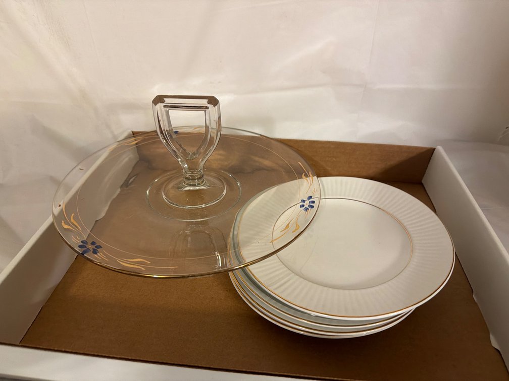 Glass Serving Platter with Handle, Gibson Gold Rimmed Plates