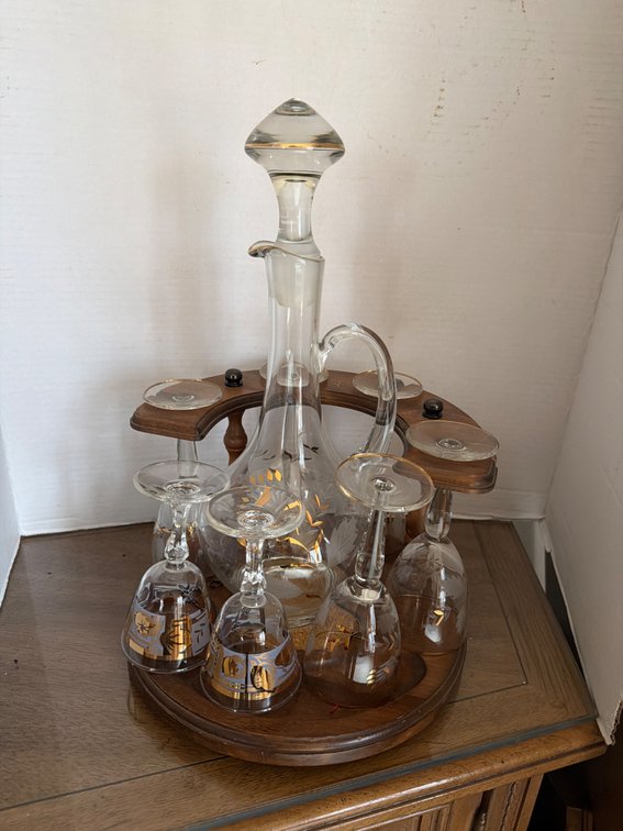 Vintage Decanter Set with Wood Base