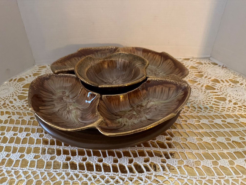 California Pottery Divided Serving Tray, Wood Lazy Susan