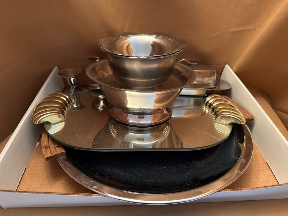 Assorted Metal Serving Bowls, Butter Dish, Serving Tray,  Mirror,  Candlesticks