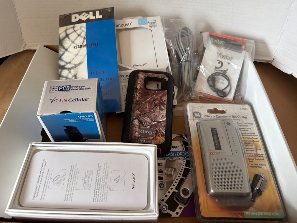Phone Cases, Cords, Flash Drive, Vintage Cassette Recorder