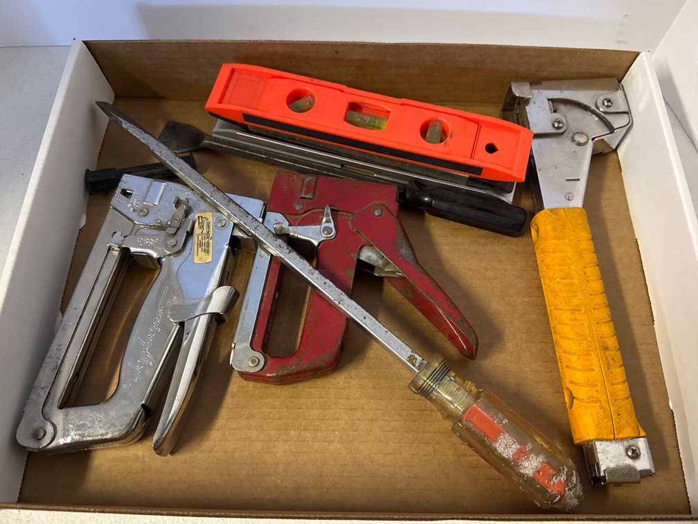 Staple Guns, Levels, Scraper, & Large Screwdriver