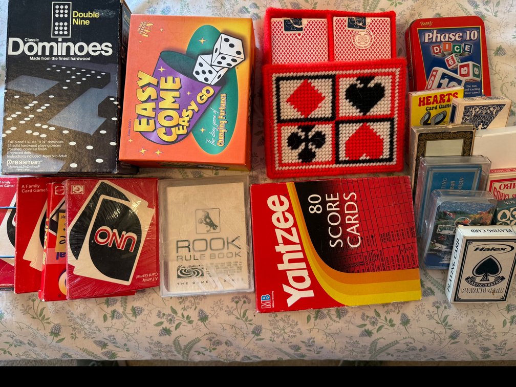 Uno, Yahtzee Score Cards, Dominoes, Decks of Cards