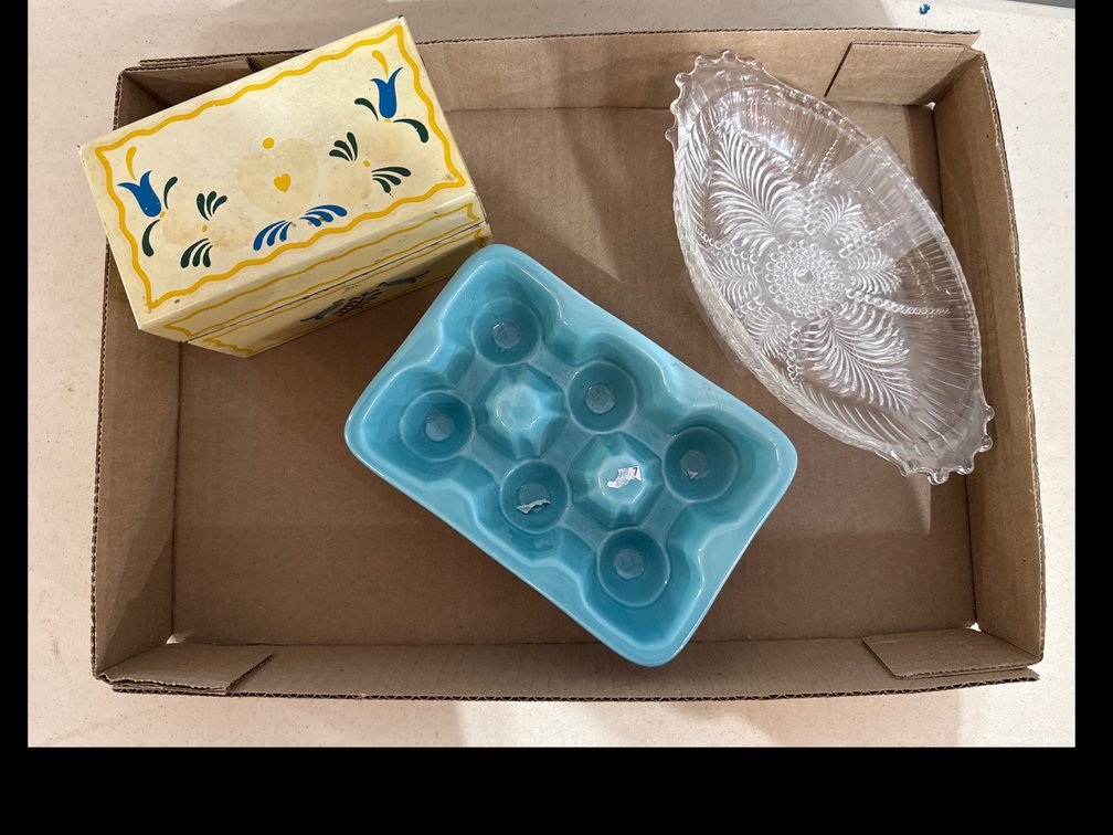 Vintage Recipe Box, Glass Plates and Egg Platter
