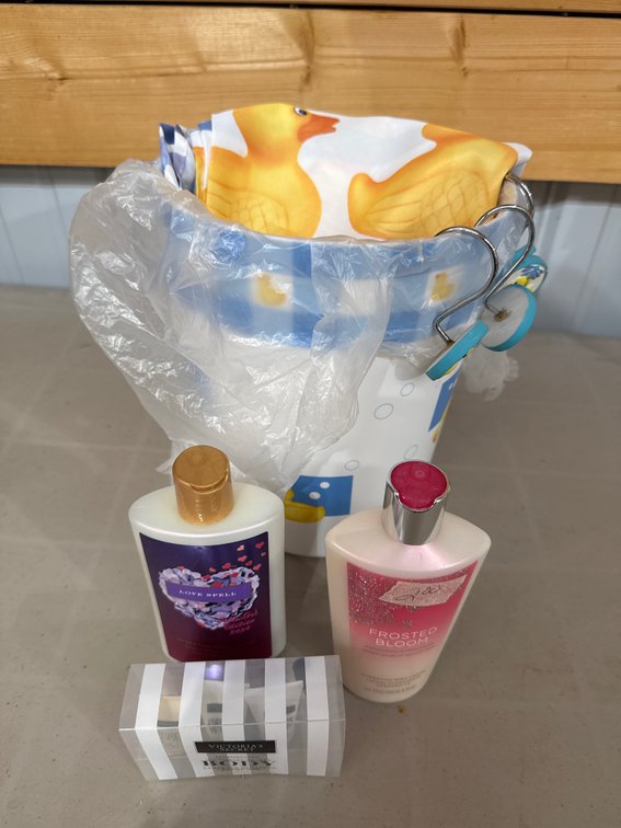 Bathroom Items, Shower Curtain, Garbage Can, Hooks, Lotions