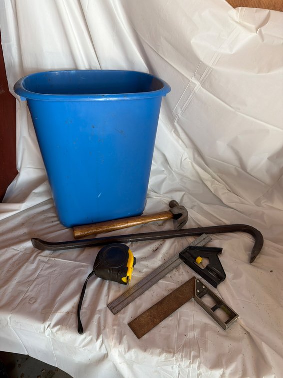 Garbage Bin with Crow Bar, Hammer, Measuring Tape, Squares