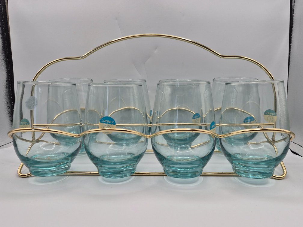 Libbey Glass Caddie Set w/Aqua Blue Tumblers