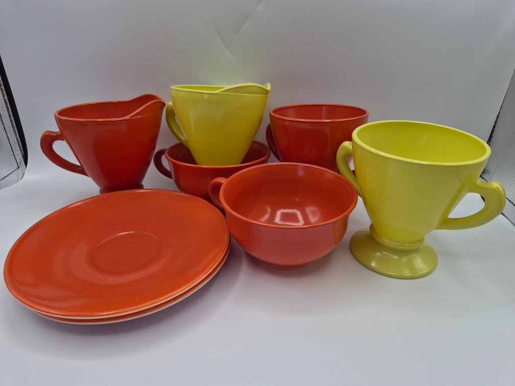 Hazel Atlas Glass Saucers, Cups, Sugar & Creamer