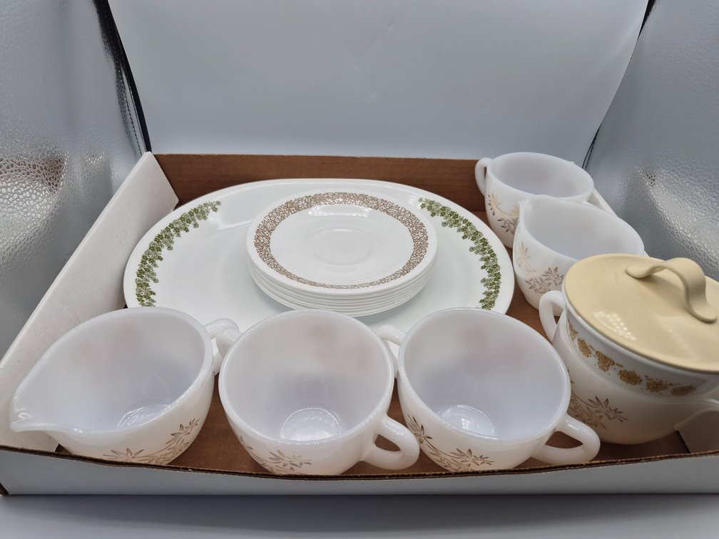 Corelle & Federal Glass Platter, Cups, Sugar Bowl, Saucers