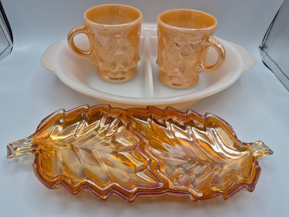 Indian Glass Snack Dish & Fire King Lustre Mugs & Divided Dish