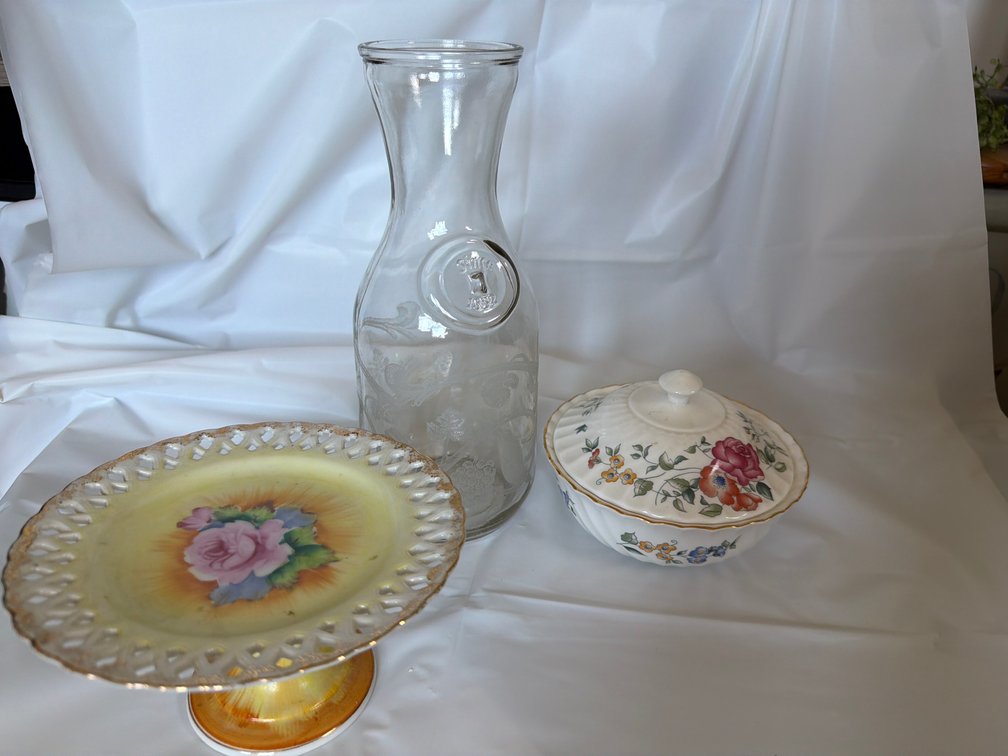 Etched Carafe, Wedgewood Covered Dish, Pedestal Plate