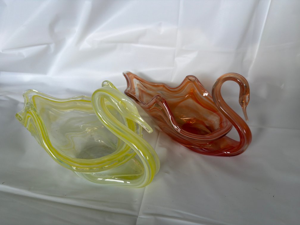 Hand Blown Glass Swans-Green and Amber