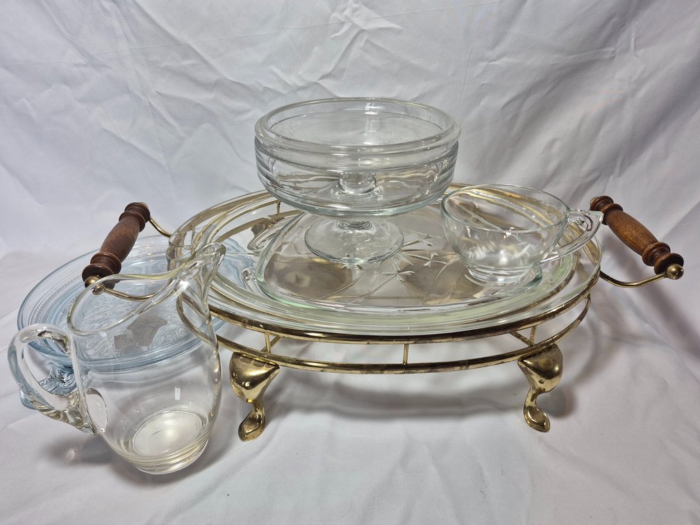 Pyrex Tree of Life Meat Serving Platter w/Warmer, Fire King Glass Trivet, Etched Candy Candy Dish & More
