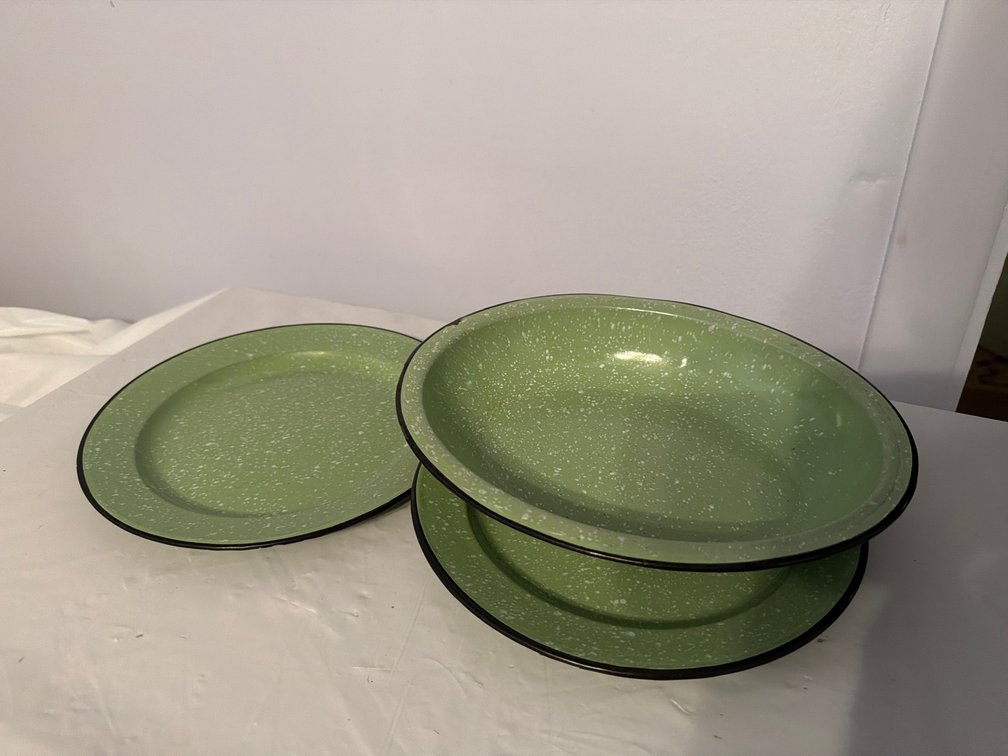 Green Speckled Enamelware Plates,  Oval Bowl
