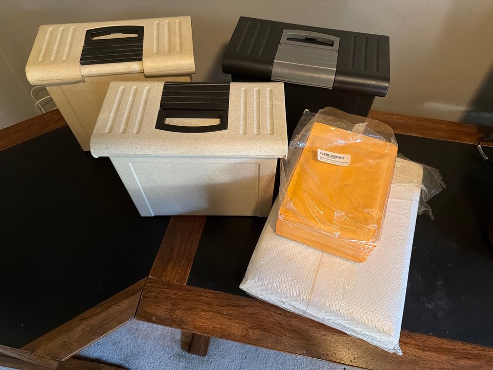 3 Plastic File Containers and Mailing Envelopes