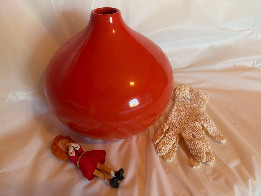 Vase, Annie Doll, & Crocheted Gloves