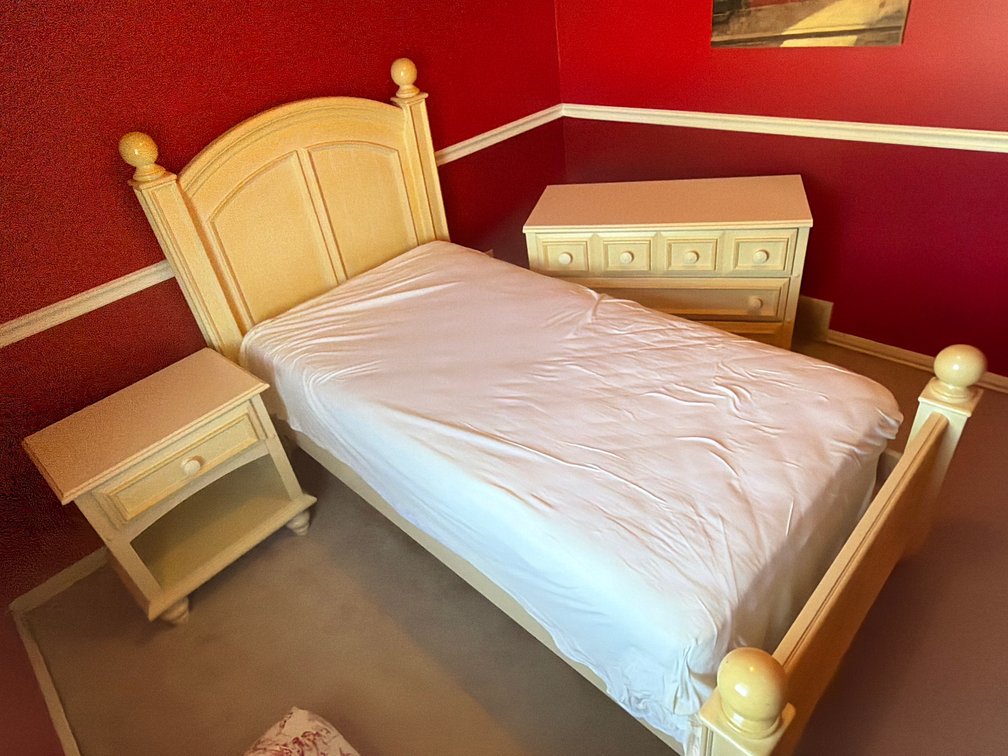 3 Piece Bedroom Set w/Shelves-Bed Single 84” x 45”, End Table 28” x 24” x 16”, Dresser 30” x 40” x 18”