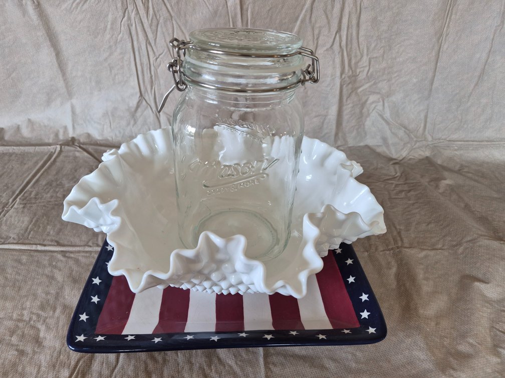 Crimped Milk Glass Bowl, Mason Jar, & Star Plate