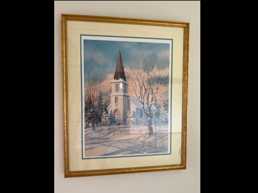 Framed Winter Church Scene Signed & Numbered by C.L. Peterson 35” x 29”