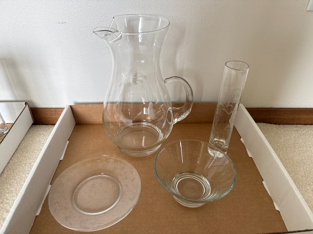 Etched Pitcher, Bowl, Dish, & Vase
