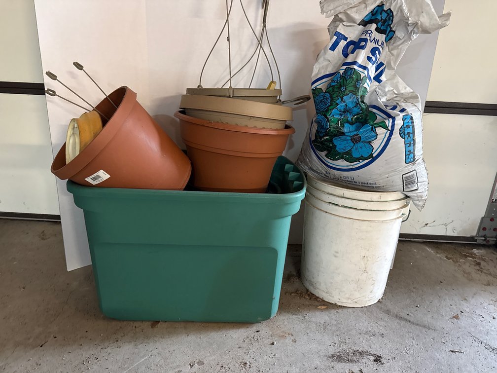 Tote with Top Soil, Hanging Baskets, Pots