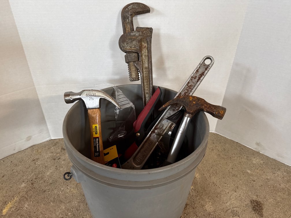 Pail with Hammer, Wrenches, Safety Glasses