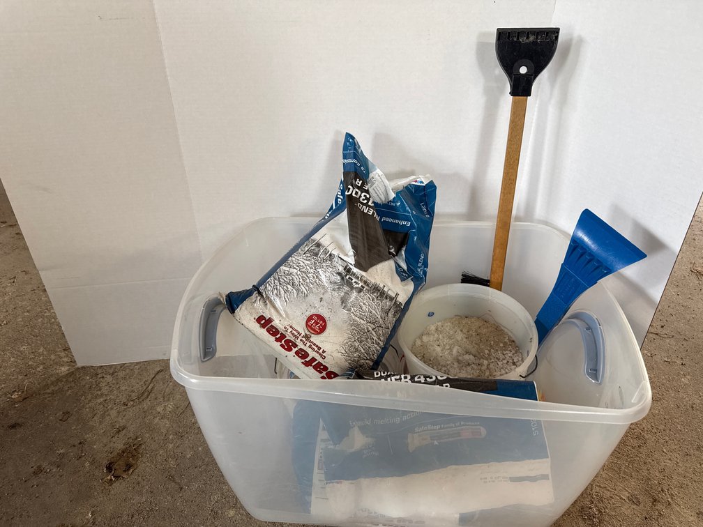 Tote of Ice Melter, 2 Scrapers