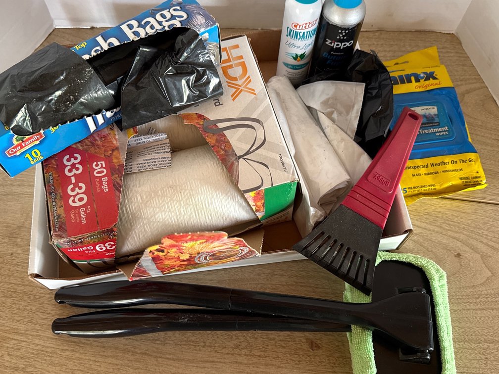 Trash Bags, Car Scrapper, And Window Wipes Bug Spray Butane Furl