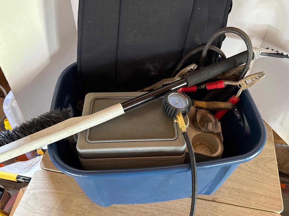 Tote With Automotive Supplies, Jumper Cables Brush Seat Cushion Cooler