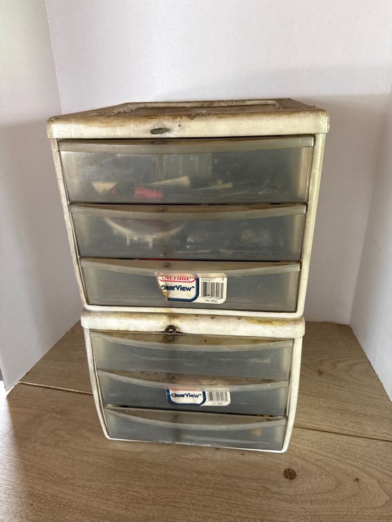 Sterilite Storage Bins Filled With Miscellaneous Automotive Screws Chargers