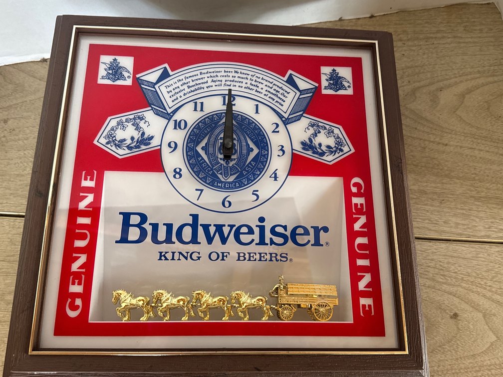 Budweiser Beer Sign Lighted Clock With Pull String 13.5” X 13.5”