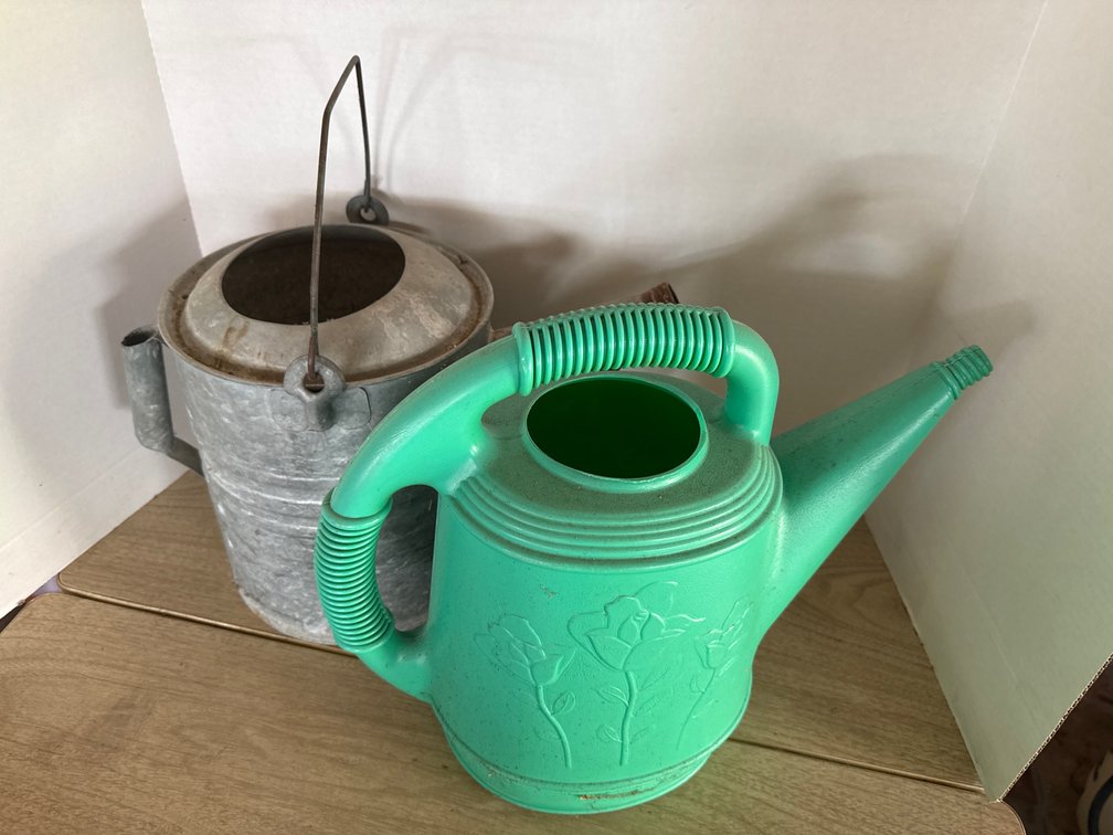 2 Watering Cans, 1 Galvanized, 1 Plastic
