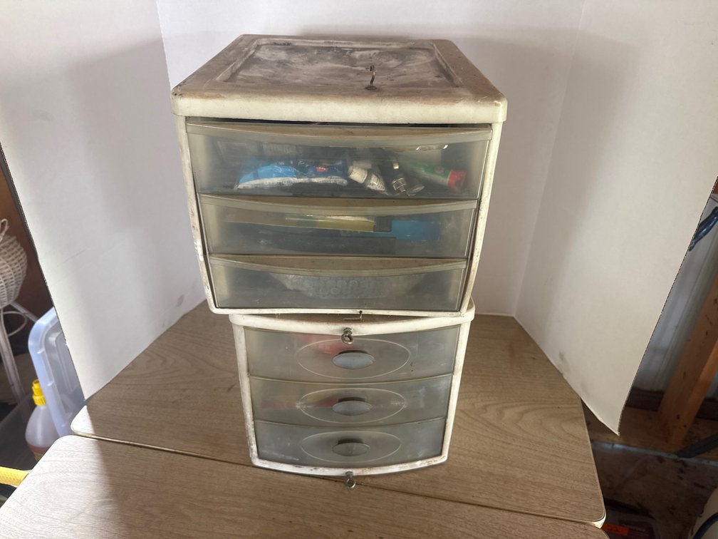 2 Sterilite Tote Bins, With Miscellaneous Tape Bungees Glue Razors