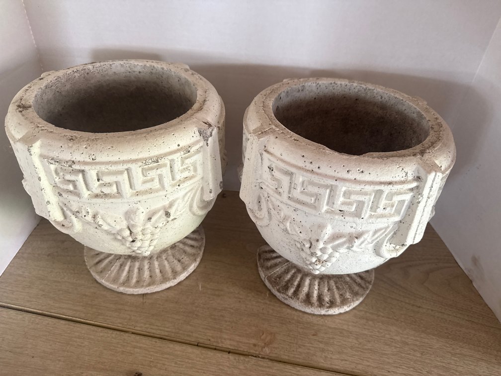 2 Concrete Planters - 1 Chipped on Base