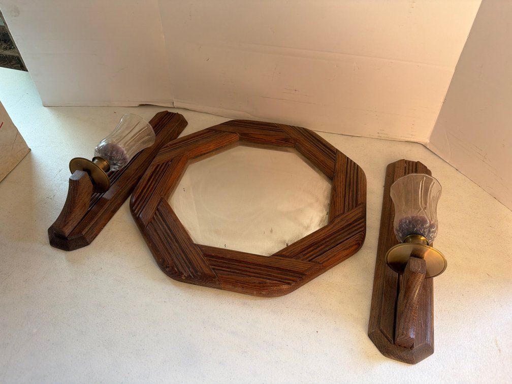 Wood Mirror and Sconces