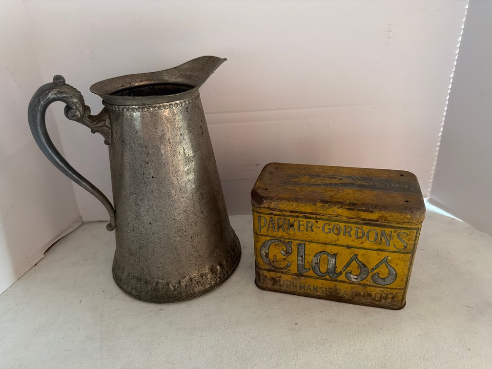 Old Parker-Gordens Tin, Old Metal Pitcher