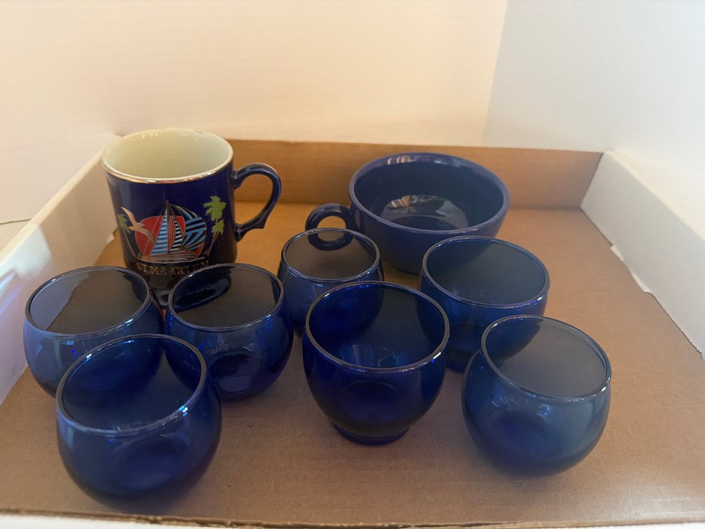 Set of Blue Round Glasses, Mug and Bowl