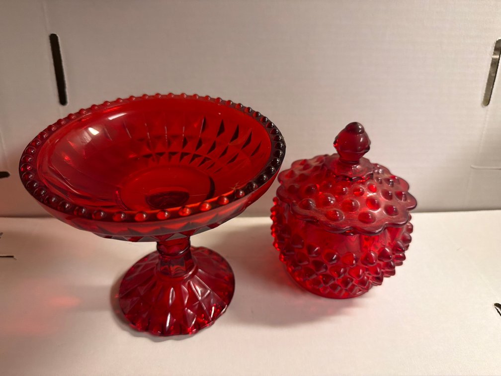 Ruby Red Pressed Glass Pedestal Compote Bowl, Hobnail Dresser Jar