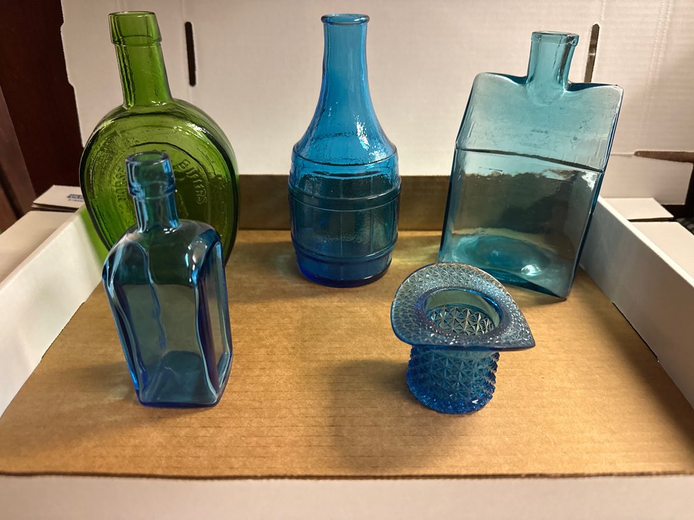 Vintage Horse Shoe Bitters Bottle Wheaton Glass, Vintage Blue Art Glass Decanters, and Bottles