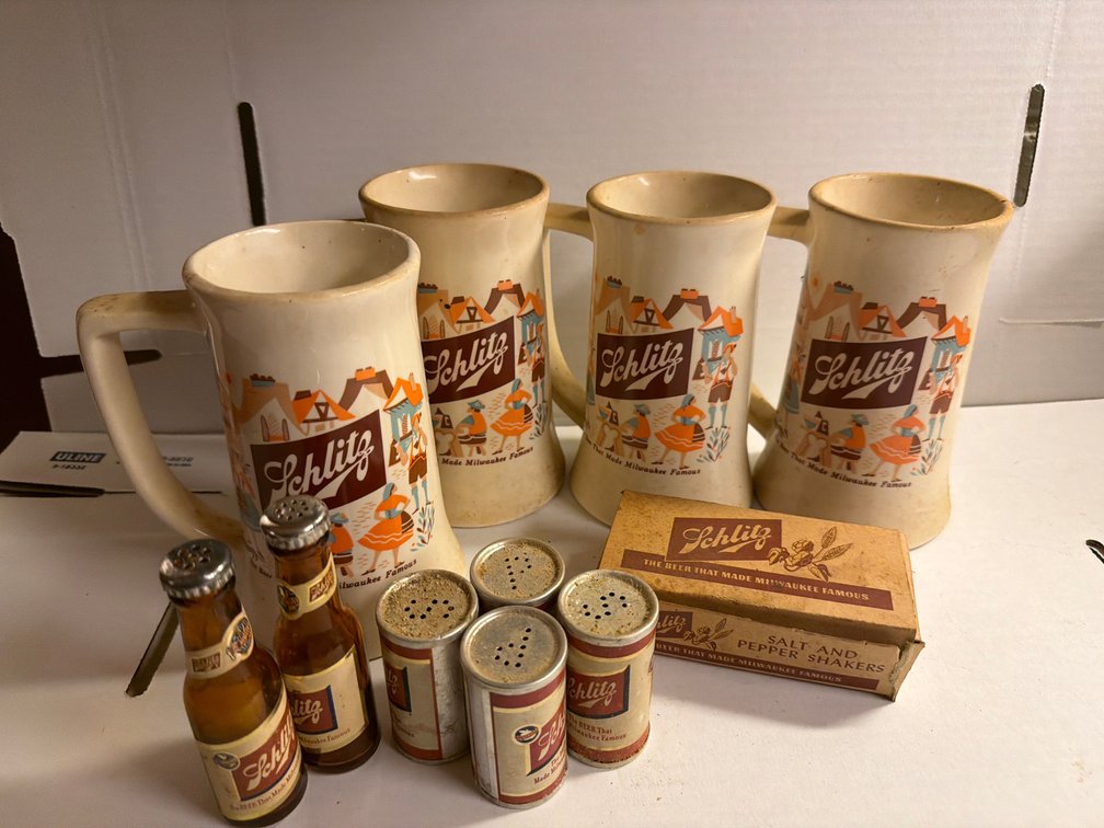 Ceramic Schlitz Beer Mugs (4), Salt and Pepper Shakers