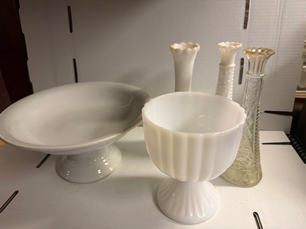 Milk Glass Pedestal Bowl, Vases, Serving Tray