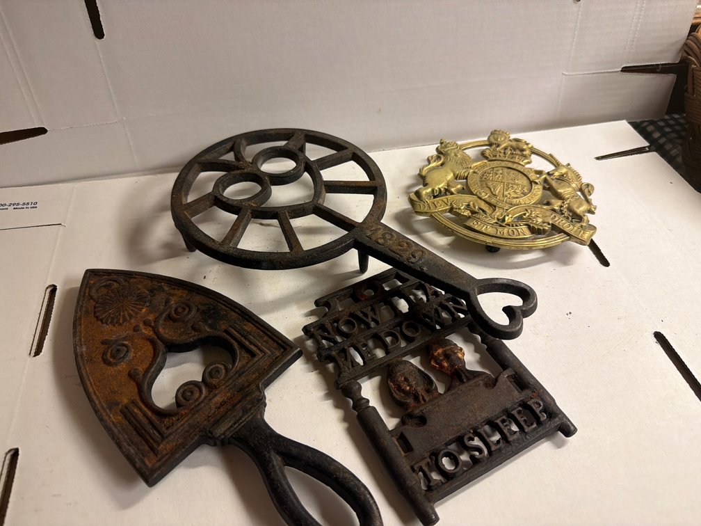 Cast Iron Sad Iron Rest, Trivet, Brass Colored Trivet, 1829 Cast Iron Trivet
