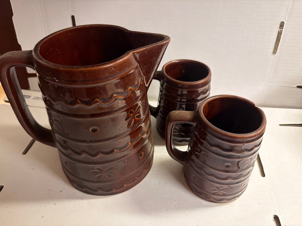 Marcrest Stoneware Pitcher, Mugs-Some Chips