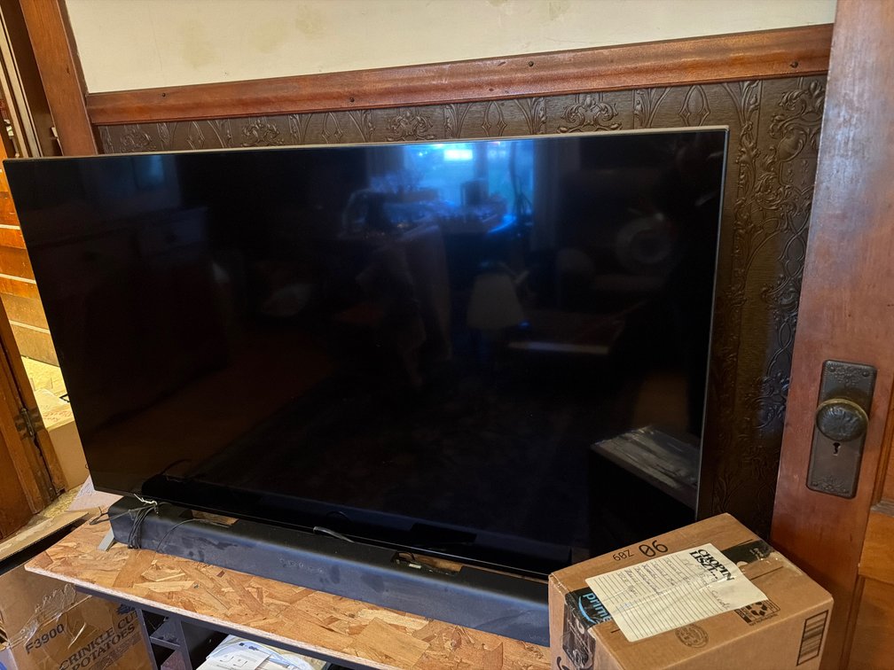 55” TV With Remote, Sound Bar, Cords, Manuals